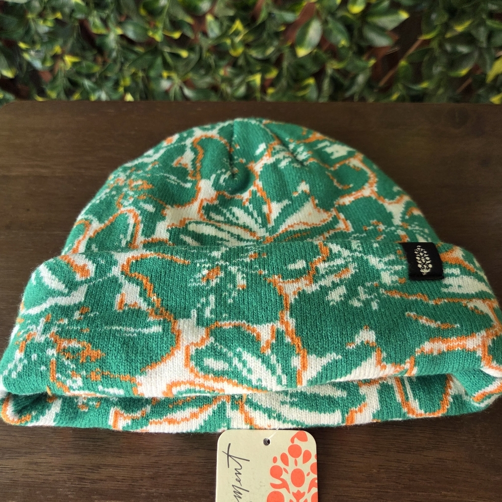 NWT FP Free People Movement Green Floral Beanie Orange White Cozy Winter Hat
